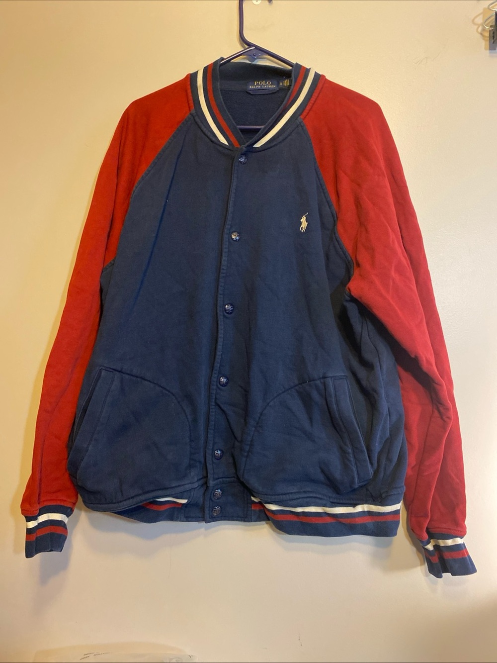 POLO RALPH LAUREN Men Fleece Baseball Varsity Jacket Cotton Blend Navy/Red XL‎